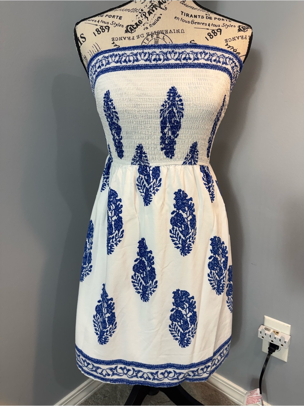 Blue & White Strapless Smocked Sundress